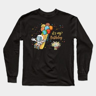 Birthday Astronaut Space Slide Planets Balloons Long Sleeve T-Shirt